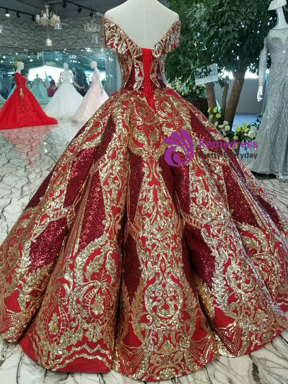 Red And Gold Sequins Appliques Off The Shoulder Wedding Dress