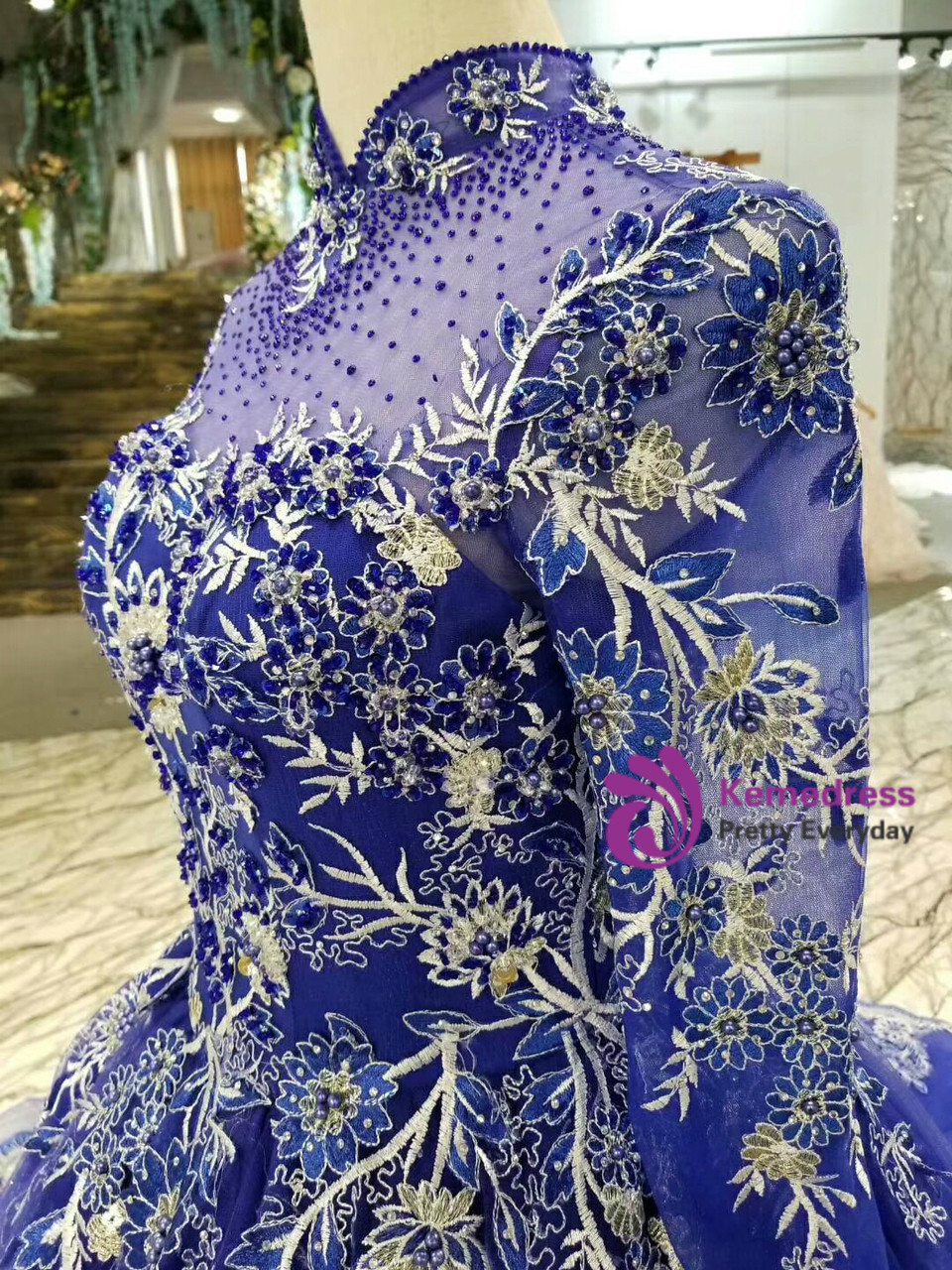 ROYAL BLUE HIGH-NECK MIDI DRESS WITH RIBBONS