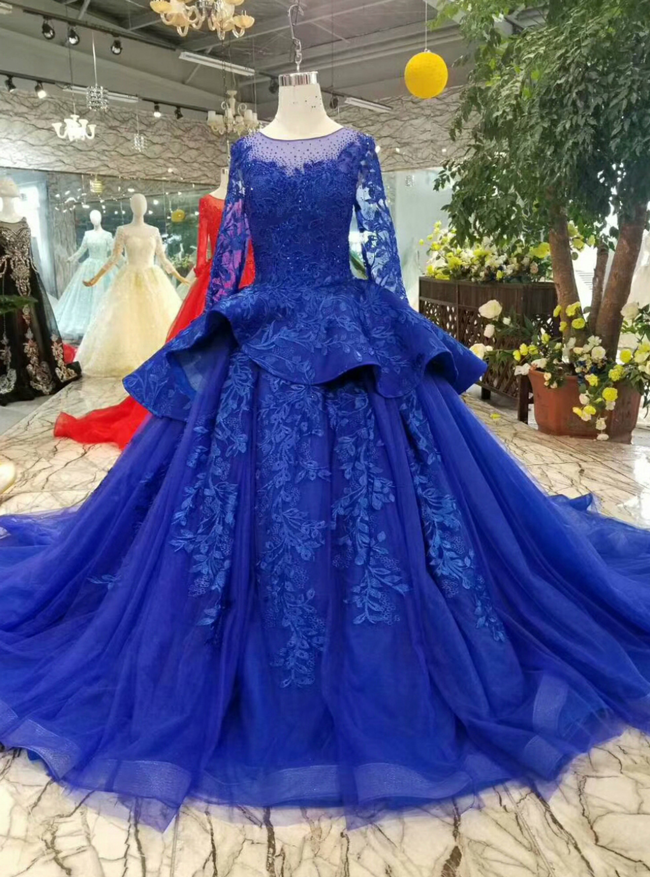 Blue Ball Gown Tulle Long Sleeve Appliques Flower Wedding Dress