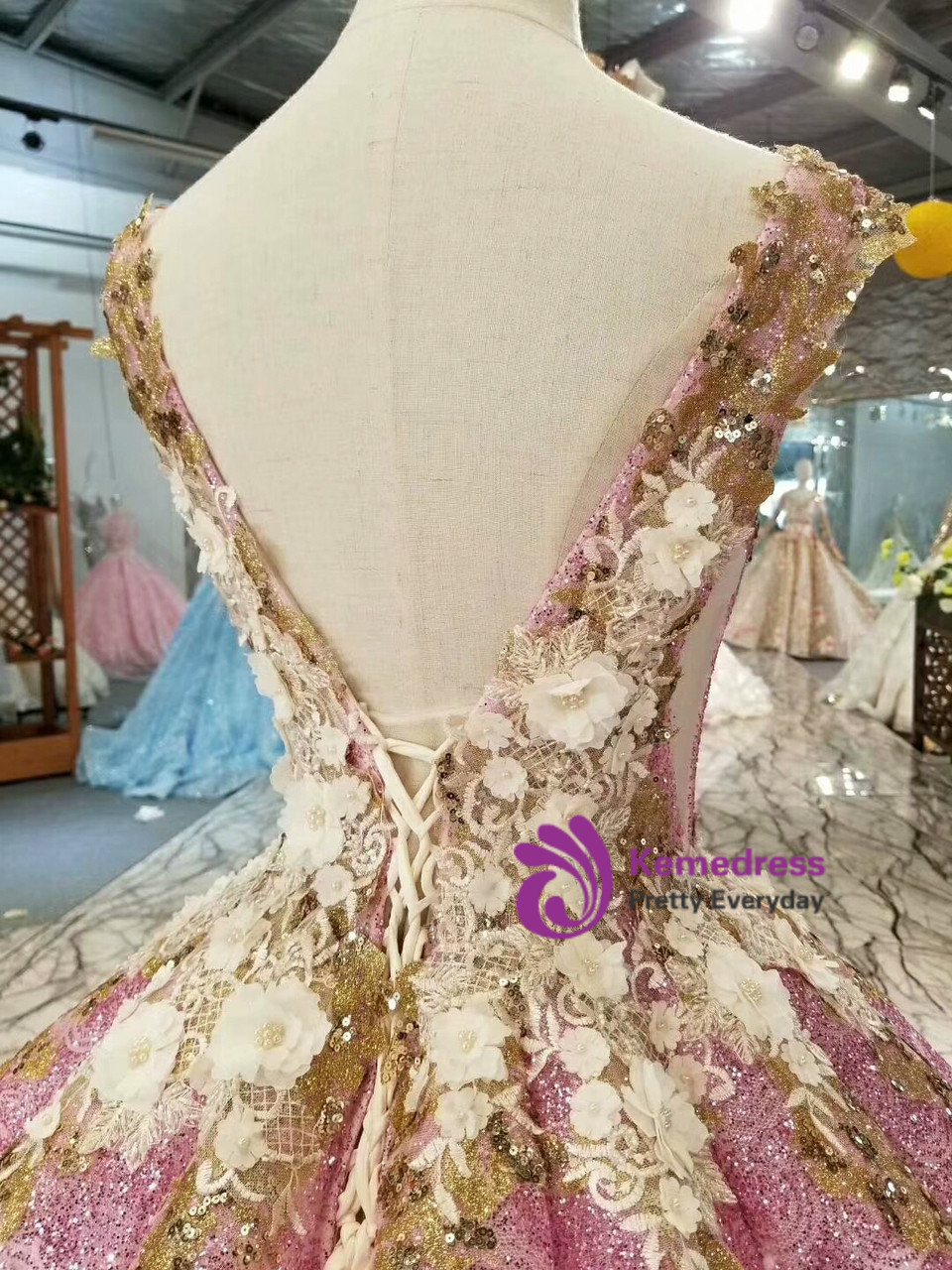SHEER FLORAL APPLIQUE V NECK BALLGOWN PROM DRESS WEDDING NEON,DS4462 main image 1