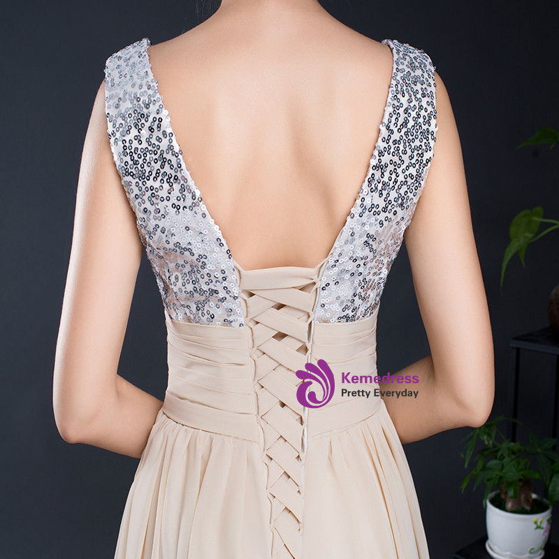 Spaghetti Bateau Aline Evening Maxi Dress Sequins Chiffon Bridesmaid Dress main image 0