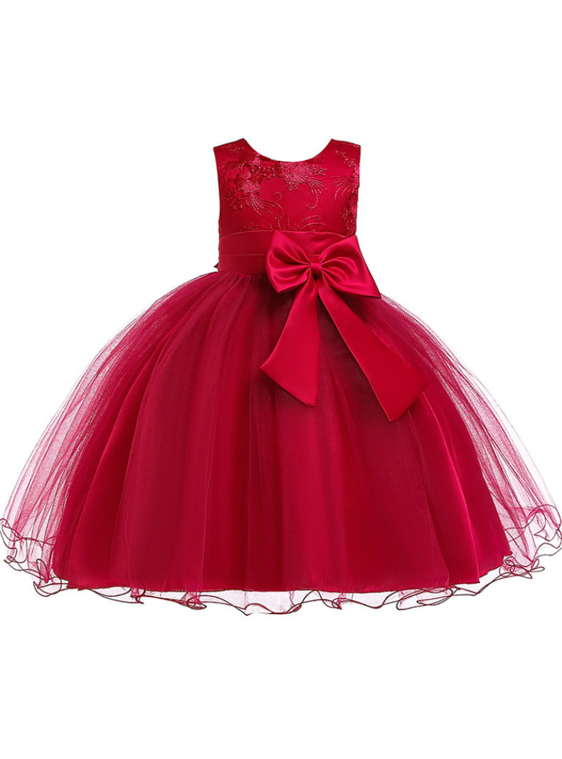 Cute Bow Satin Sweep Train Flower Girl Dress Burgundy
