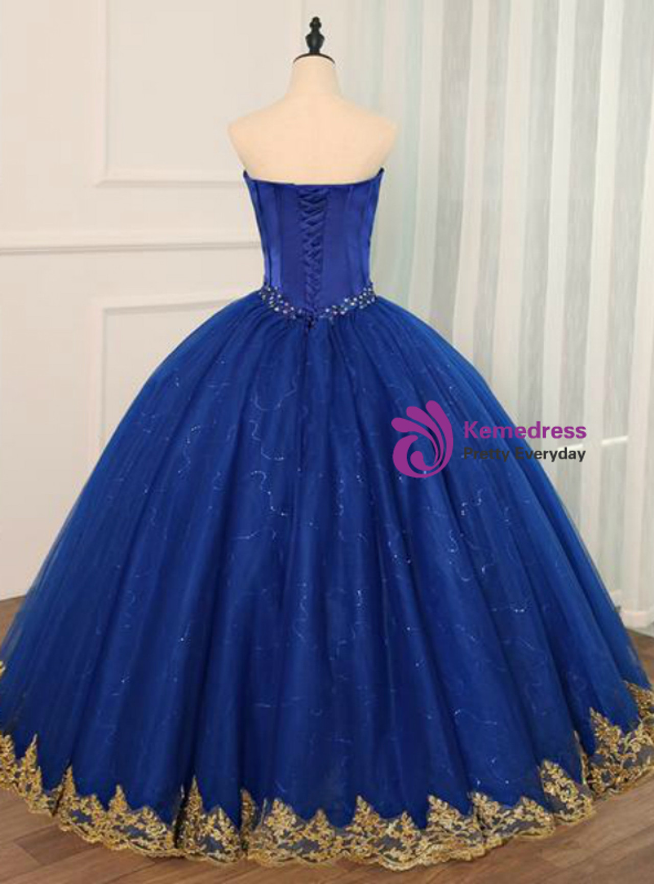Royal Blue Tulle Strapless Appliques Formal Quinceanera Dresses