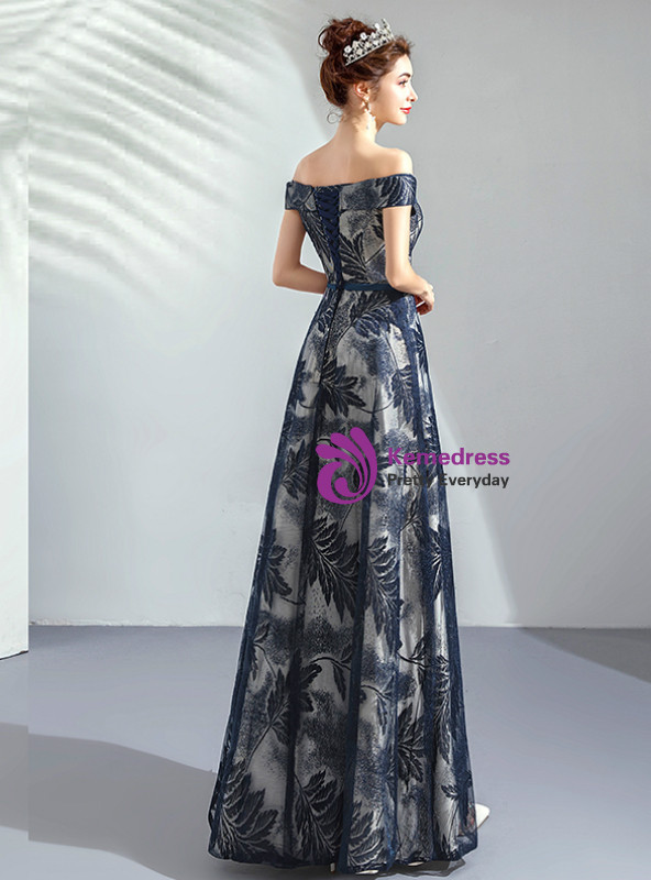 In StockShip in 48 Hours Ready To Ship ALine Print Off the Shoulder Prom Dress