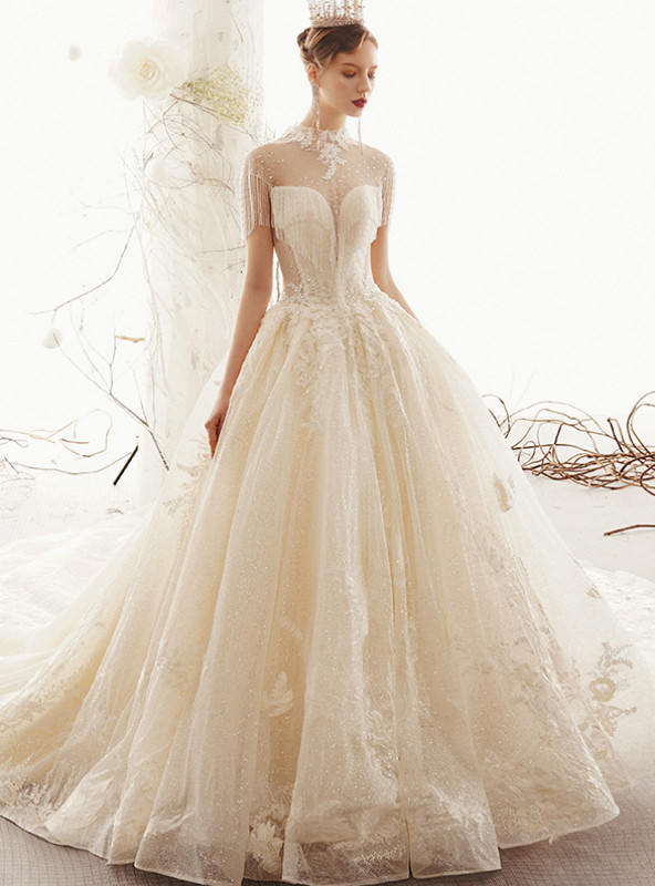 Sheath Tulle Sequins High Neck Backless Beading Crystal Wedding Dress ...