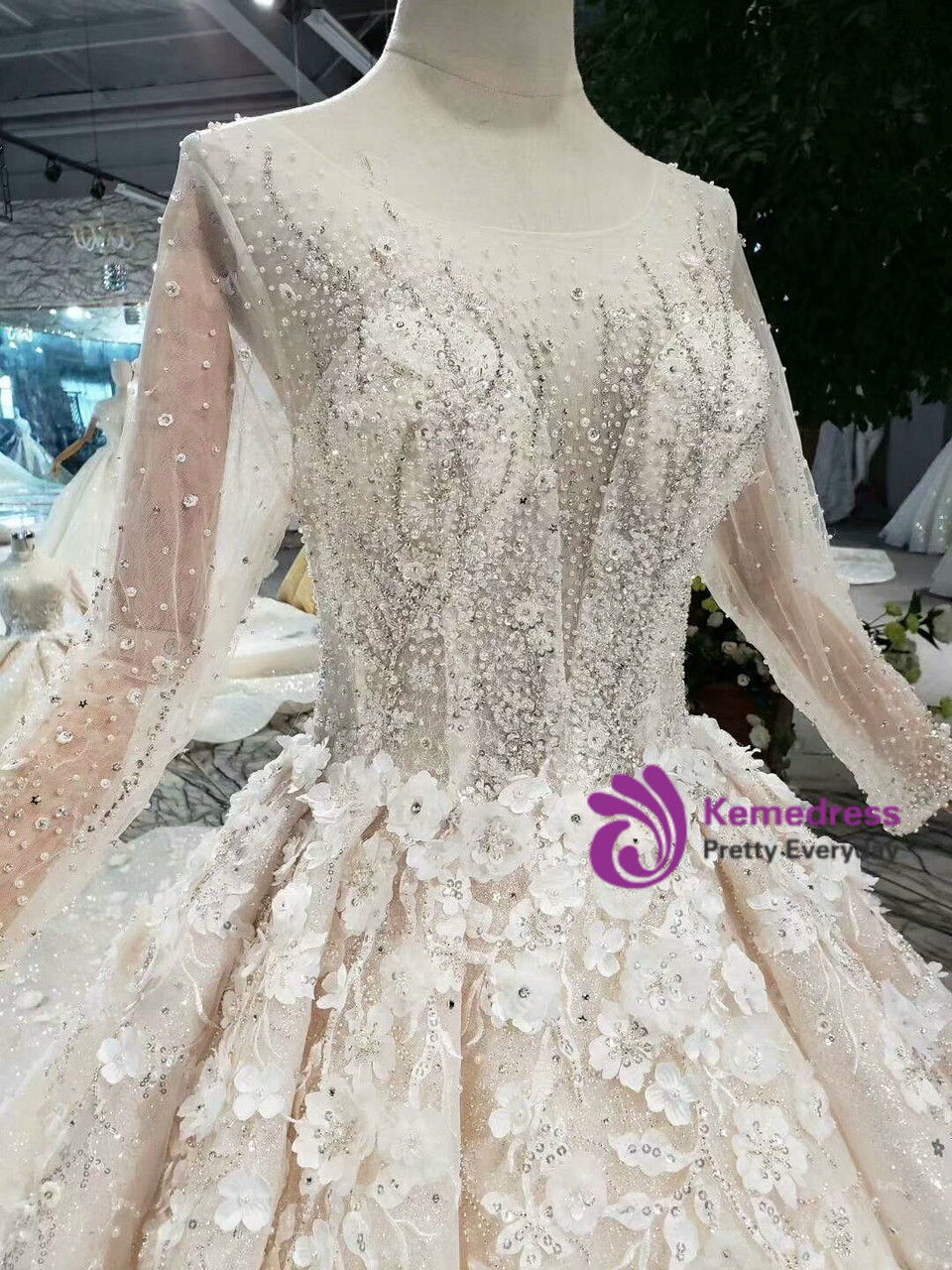 Champagne Ball Gown Tulle Sequins Long Sleeve Flower Wedding Dress