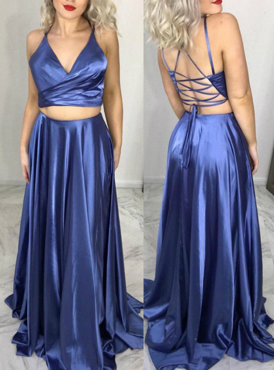A-Line Blue Two Piece Satin V-neck Prom Dress With Pocket