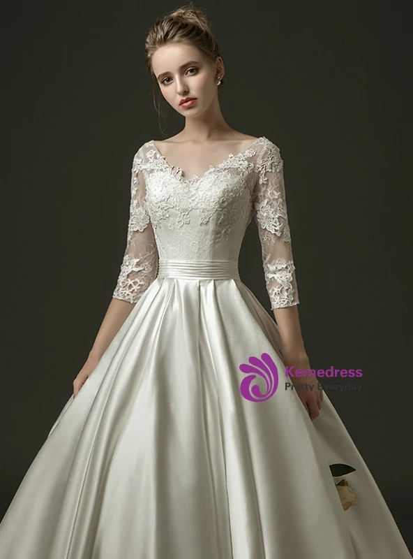 White satin wedding dress floral lace appliqué and pleated waist detail