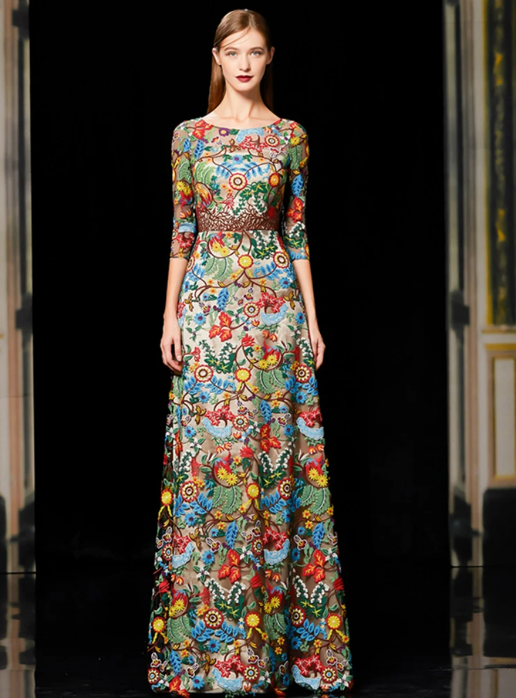 Colorful floral embroidered lace A-line mother of the bride dress with three quarter sleeves