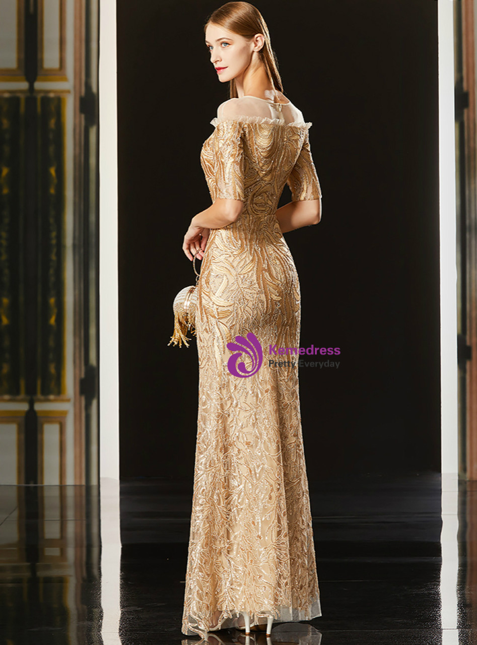 Champagne Gold Tulle Lace Mermaid Short Sleeve Mother of The Bride Dress