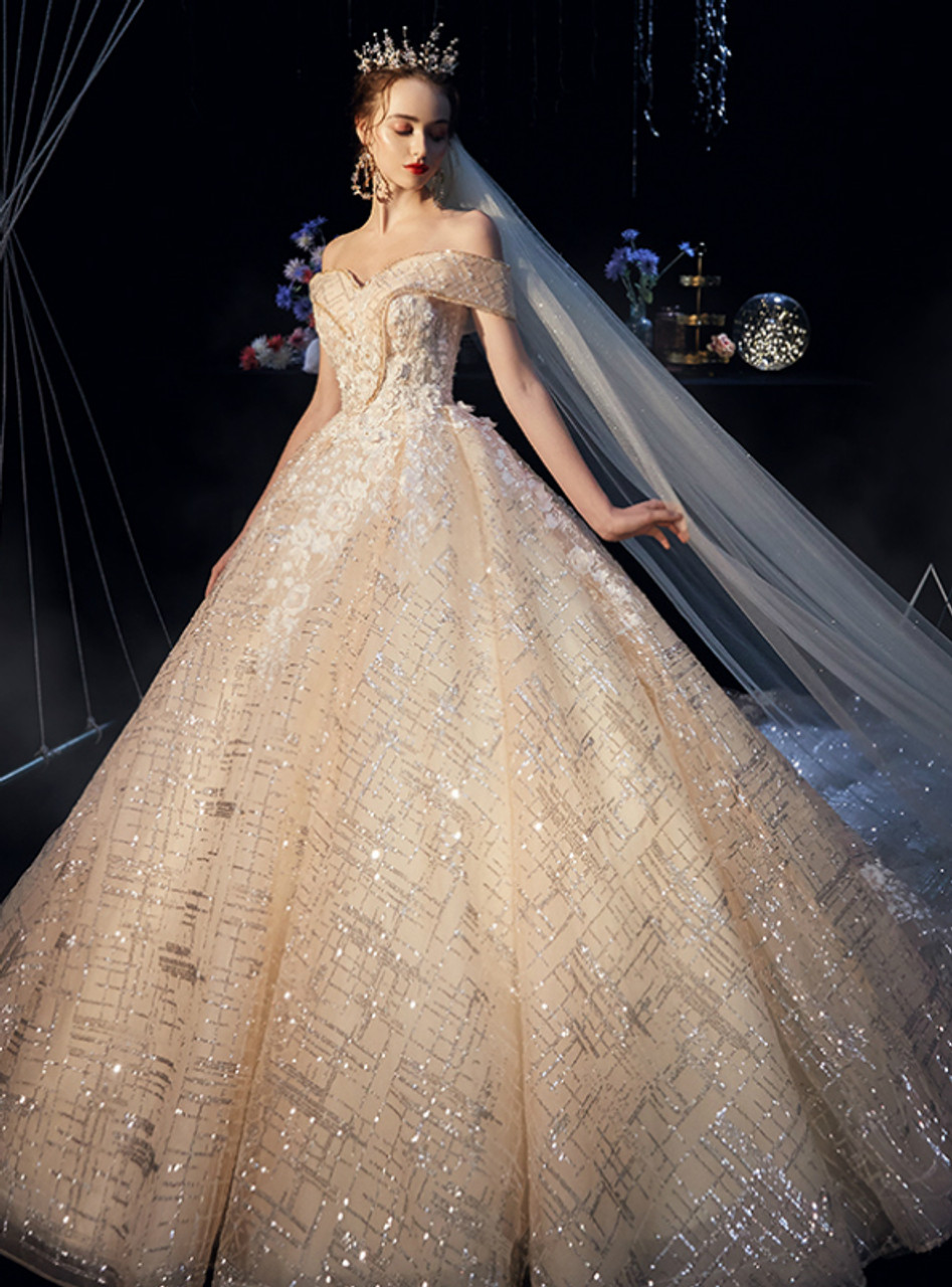 Champagne Gold Tulle Sequins Appliques Off The Shoulder Wedding Dress