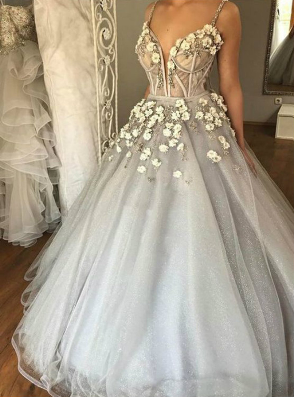 Ball Gown Spaghetti Straps Court Train Grey Tulle Wedding Dress