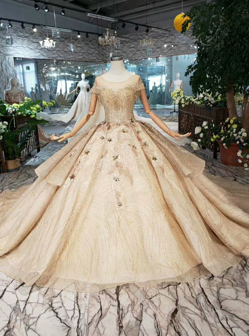 Luxury Champagne Gold Ball Gown Tulle Cap Sleeve Backless Wedding Dress ...