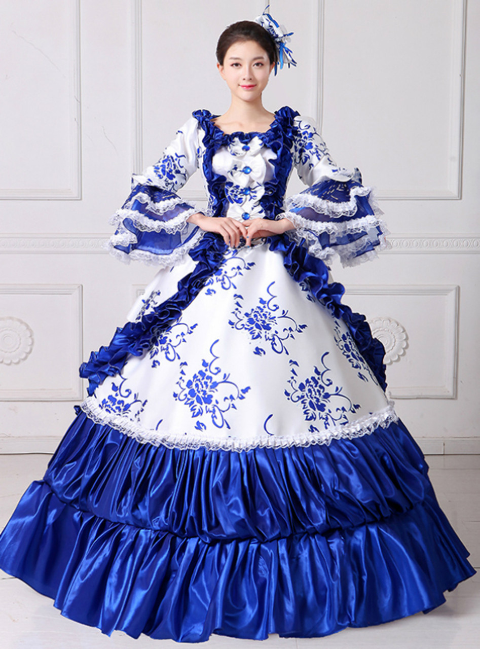 blue and white ball gown