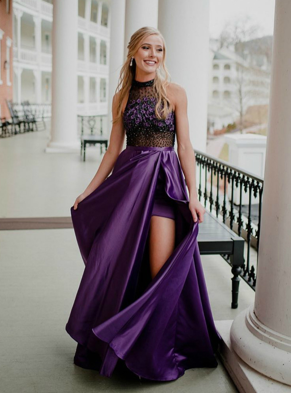 A-Line Purple Satin Halter See Through Prom Dress With Side Split