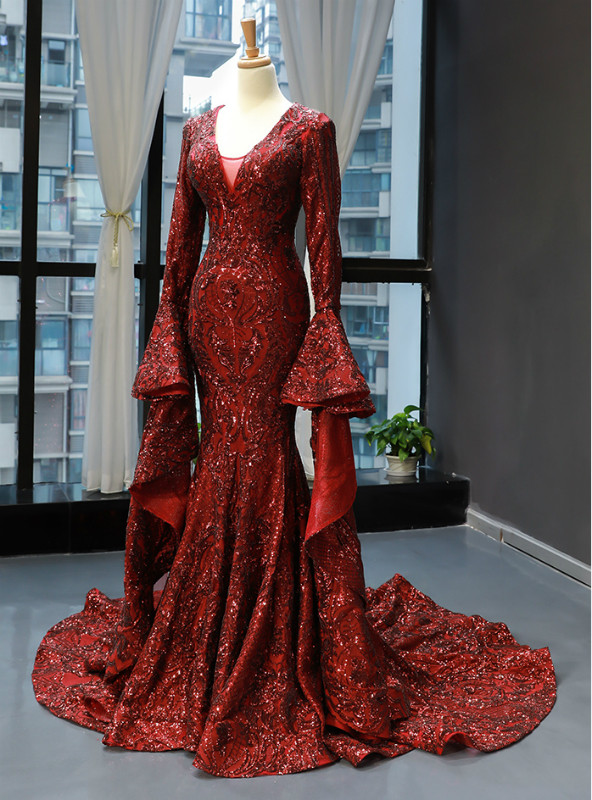 flare sleeve prom dress Elegant Fit and Flare Unique Lace Appliques Prom Dresses Long Sleeves