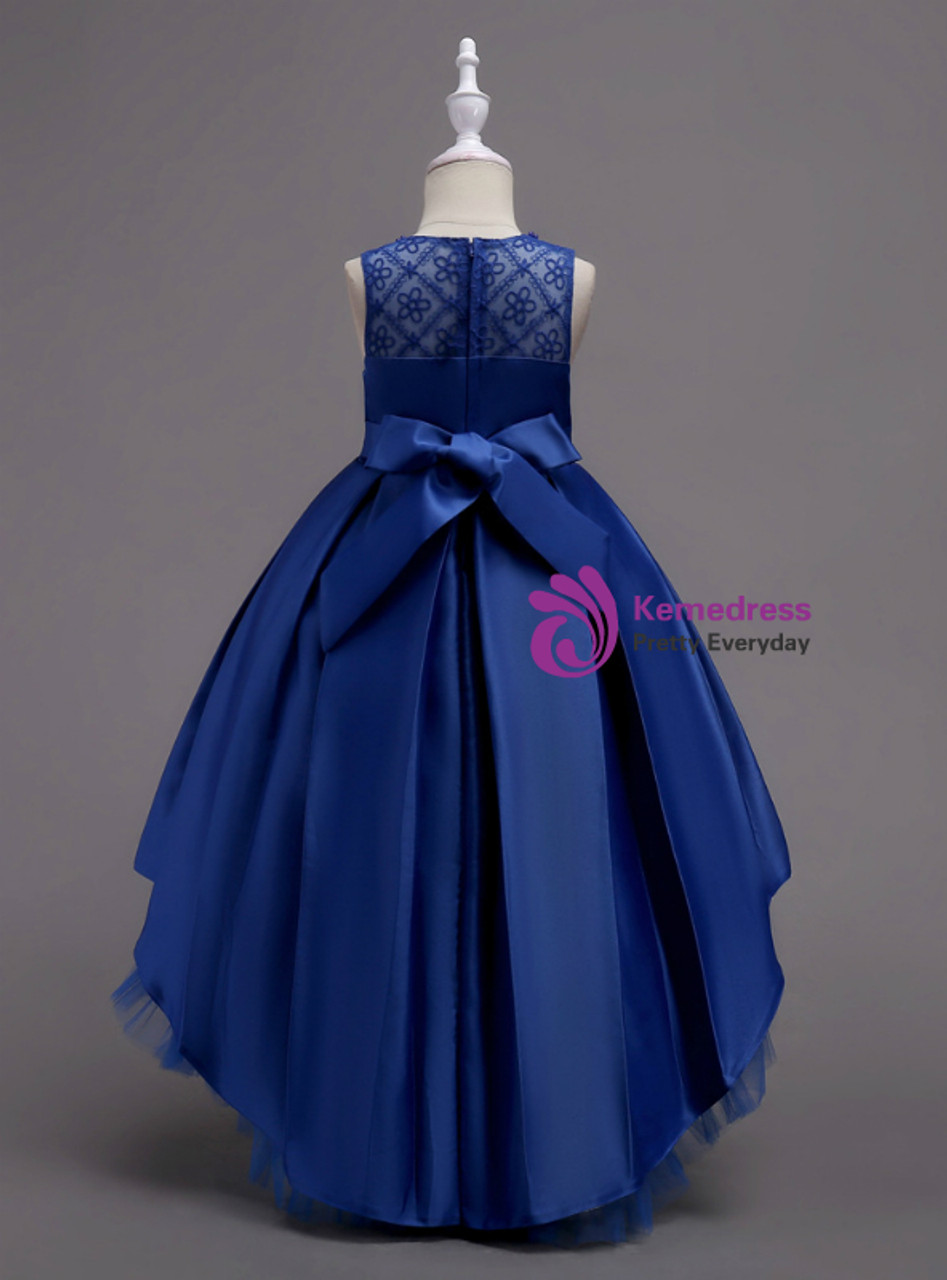 In Stock:Ship in 48 Hours Blue Hi Lo Satin Appliques Girl Dress