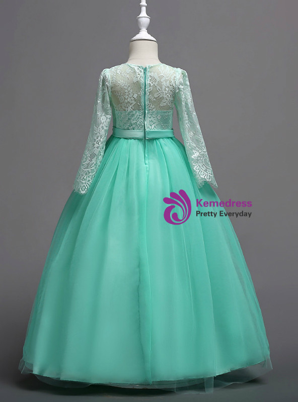 Tulle A-Line Round Neck Green Girls Dresses with Appliques