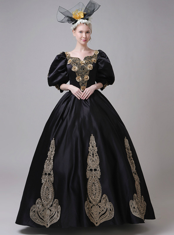 Black Satin Square Half Sleeve Costumes Retro Vintage Gown Black Satin Square Half Sleeve Costumes Retro Vintage Gown