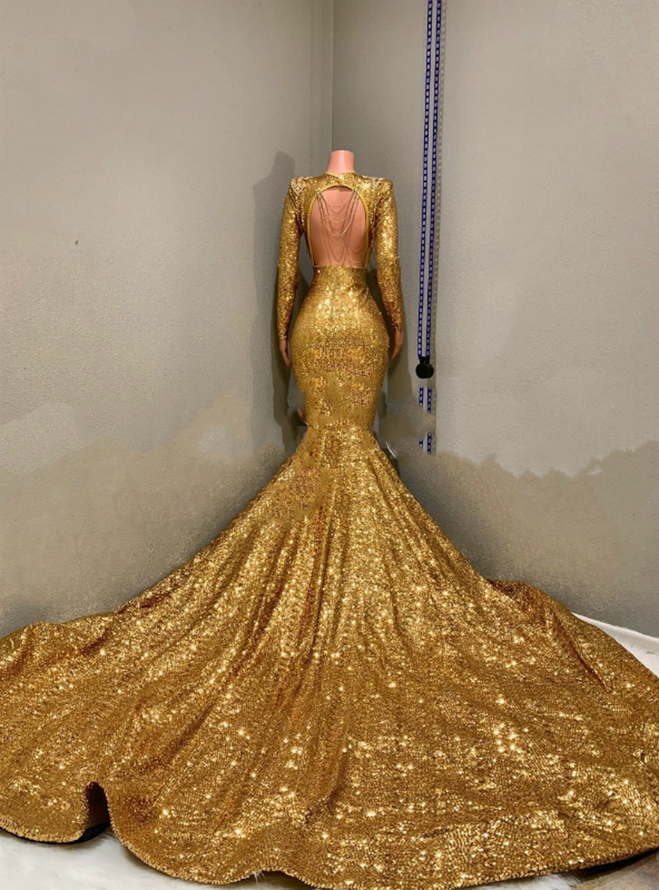 Sparkle Sequined Long Sleeves Mermaid Gold Prom Dresses with Long Train