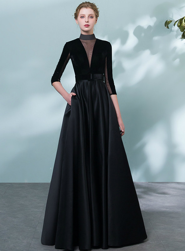 In Stock:Ship in 48 Hours Black Satin Long Sleeve Prom Dress With Belt