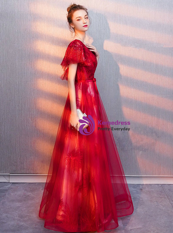 V-Neck Sleeveless Tulle Girl's Dress Red