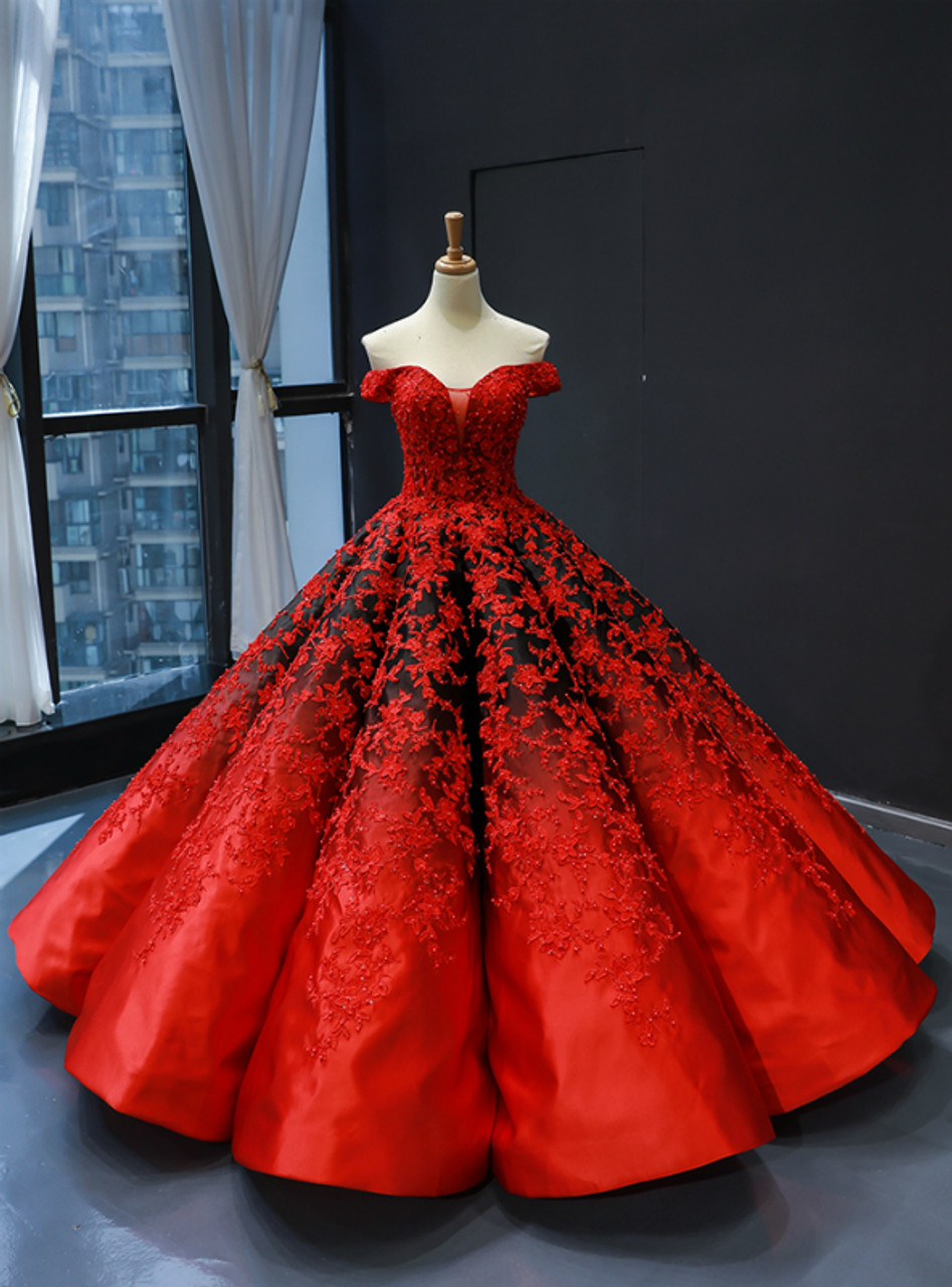 Red Black Ball Gown Satin Appliques Off The Shoulder Quinceanera