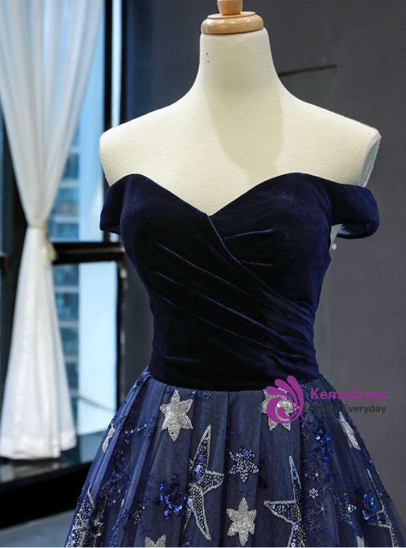Blue Ball Gown Tulle Star Sequins Off the Shoulder Prom Dress