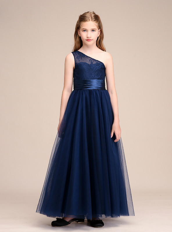 A-Line Navy Blue Tulle Lace One Shoulder Long Flower Girl Dresses