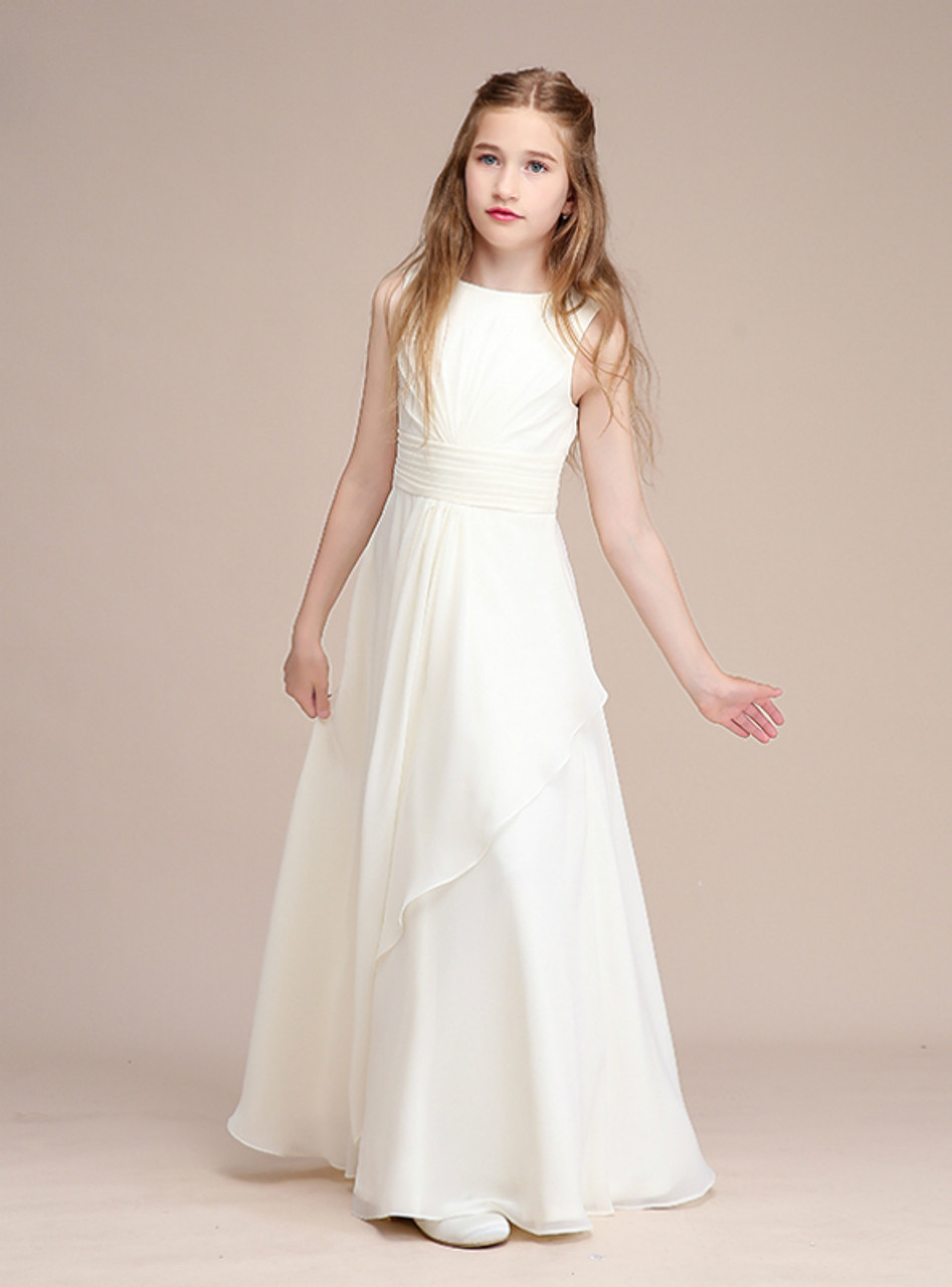 A-Line Simple White Chiffon Pleats Long Flower Girl Dress