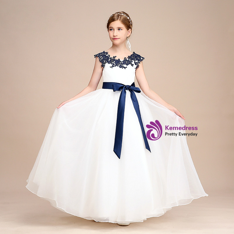 White Applique Cap Sleeve A-Line Flower Girl Dress with Sash