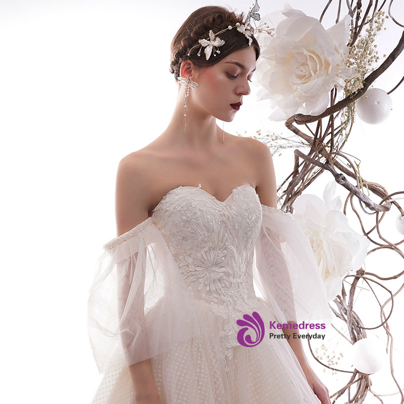 Beautiful Champagne Tulle Beaded Ball Gown Sweet Wedding Dress Y7744 main image 0