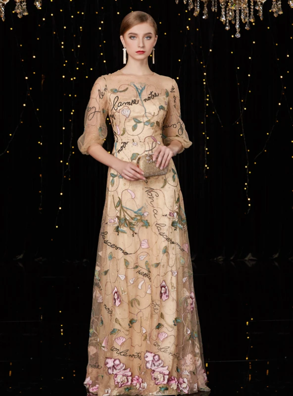 Champagne A line mother of the bride dress with floral embroidery, shimmer tulle, half puff sleeves and illusion neckline