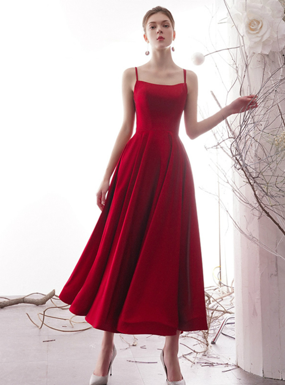 A-Line Simple Red Satin Spaghetti Straps Tea Length Prom Dress