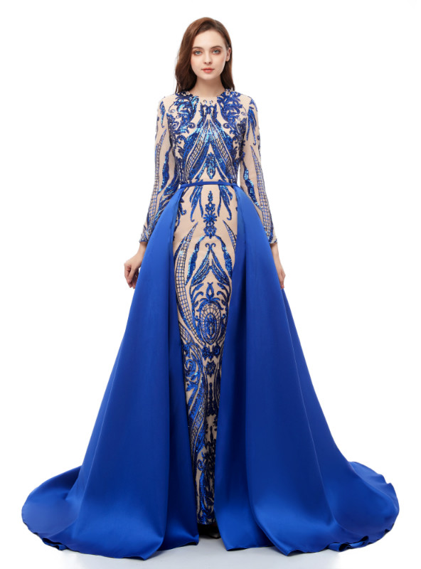 Royal blue sequin mermaid formal gown with long sleeves