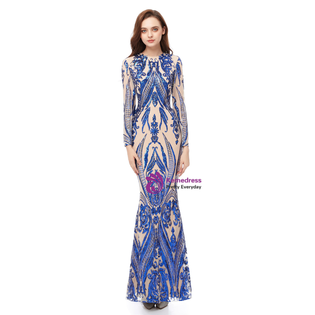 Royal blue mermaid gown showing detachable train and extended silhouette