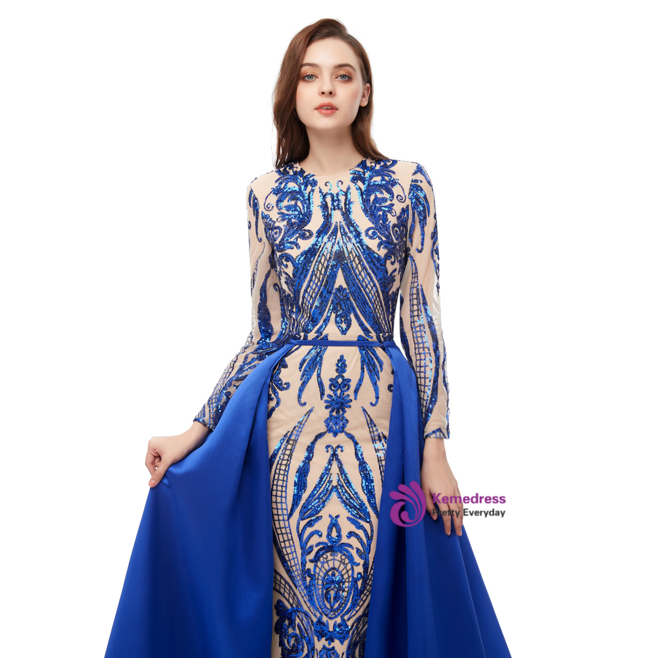 Full length royal blue sequin formal gown with extended train