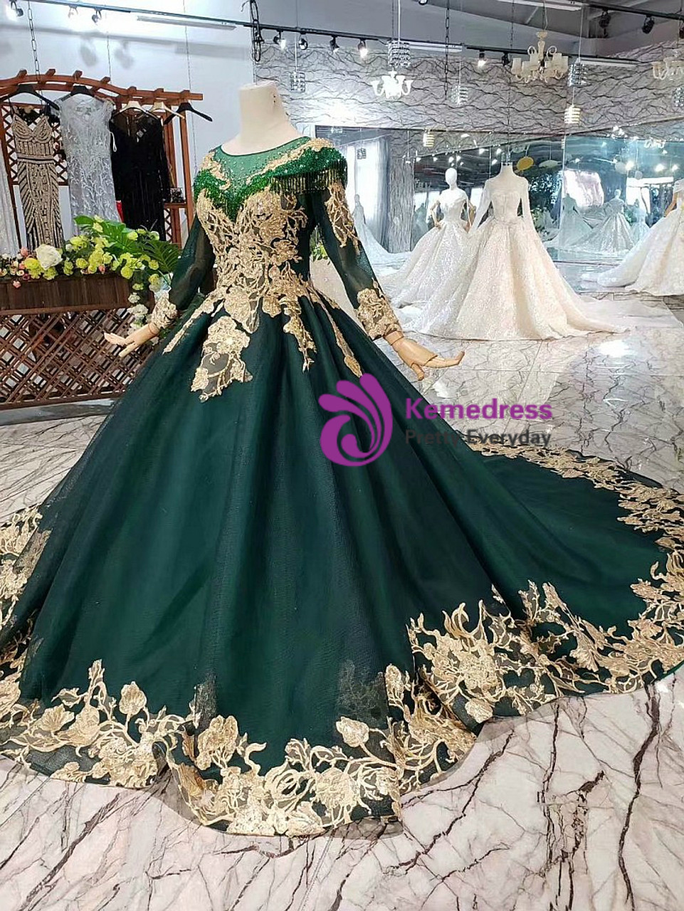 Dark Green Tulle Long Sleeve Gold Lace Appliques Beading