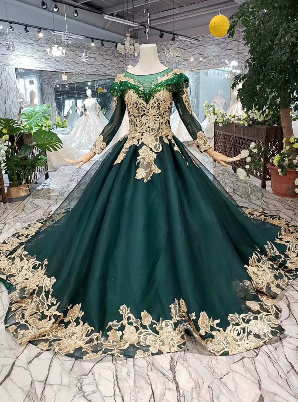 Dark Green Tulle Long Sleeve Gold Lace Appliques Beading Luxury Wedding  Dress