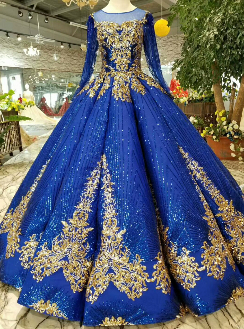 Royal Blue Ball Gown Sequins Gold Sequins Appliques Long Sleeve Luxury  Wedding Dress