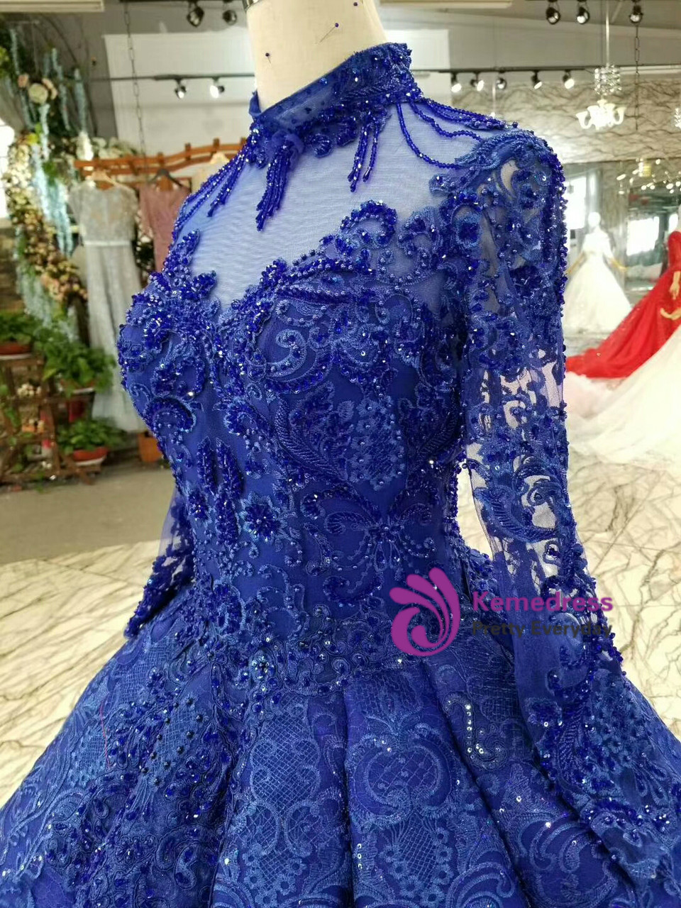 Royal Blue Appliques High Neck Long Sleeve Luxury Wedding Dress