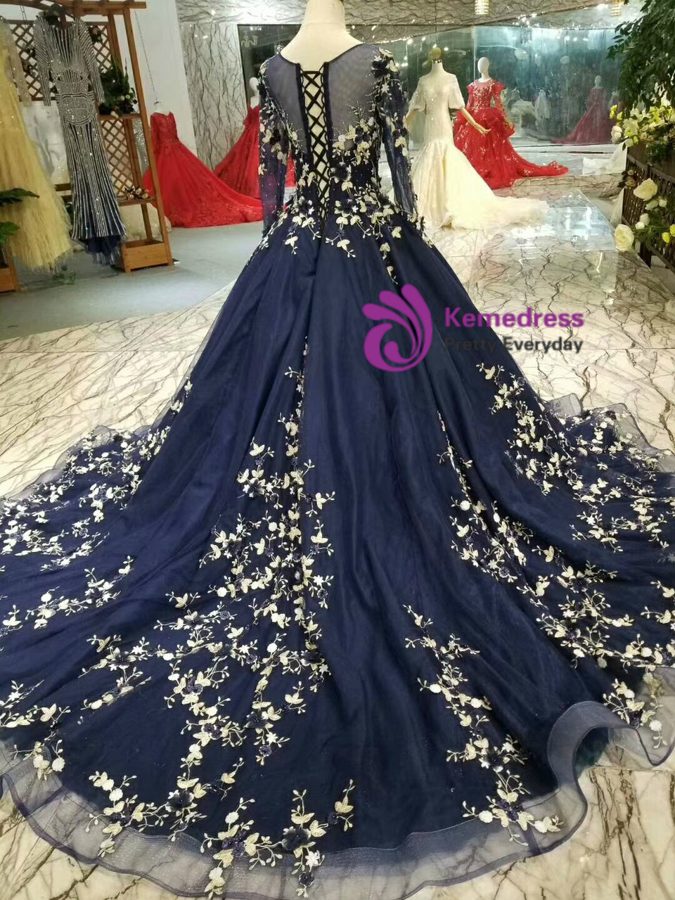 navy blue wedding dresses Custom-made Colorful A-line Tulle dark blue wedding dress