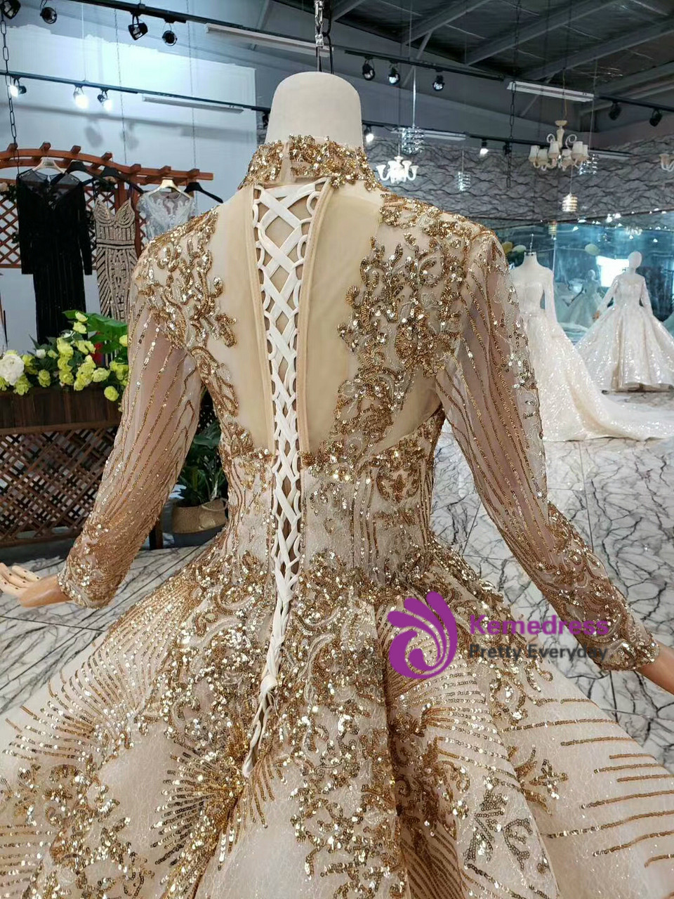 Champagne Gold Ball Gown Sequins High Neck Long Sleeve Luxury Wedding Dress With Train Champagne Gold Ball Gown Sequins High Neck Long Sleeve Luxury Wedding Dress With Train