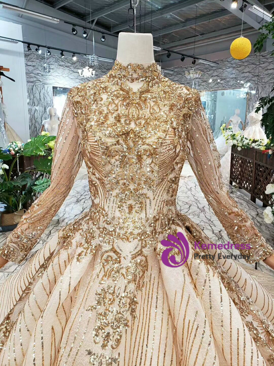 slim fit dress slacks Sexy Gold Two-Piece Prom Dress Sequins Long Sleeve On One Side main image 1