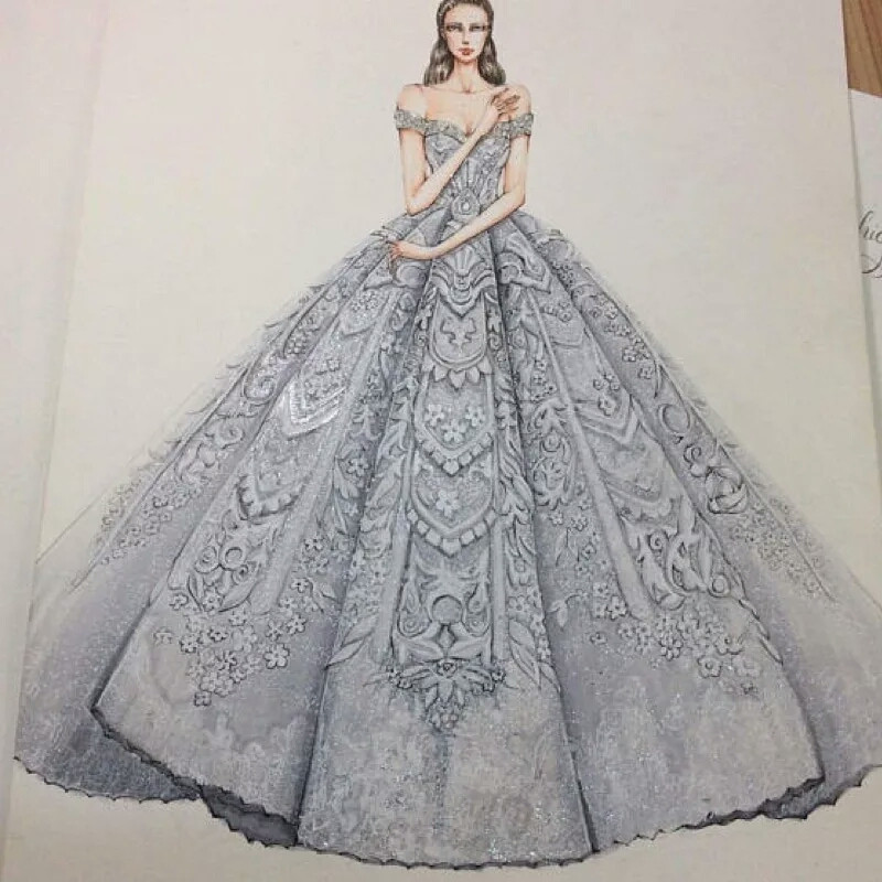 Royal off the shoulder ball gown wedding dress with crystal beading and lace appliqué details