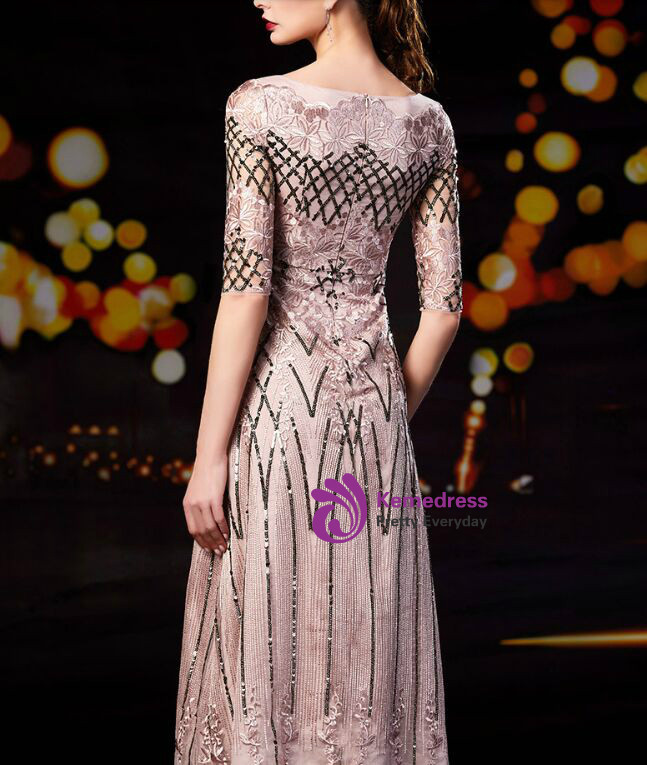 Pink and Ivory Banded Waist Stitching Mother of the Bride Dress with Sleeves