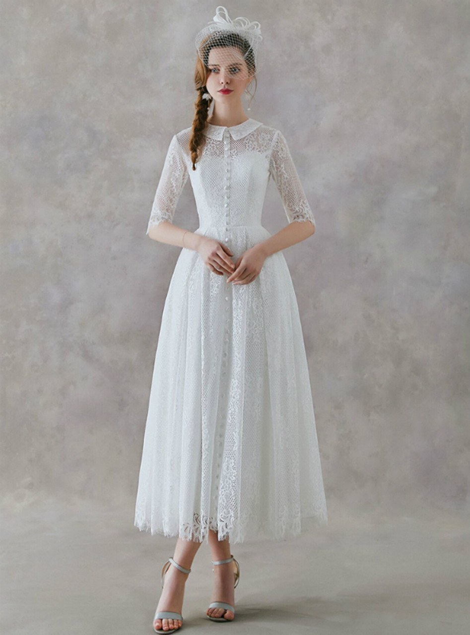 short sleeve tea length wedding dress