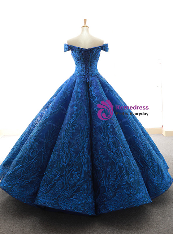 Royal Blue Ball Gown Tulle Lace Appliques Off the Shoulder Prom Dress