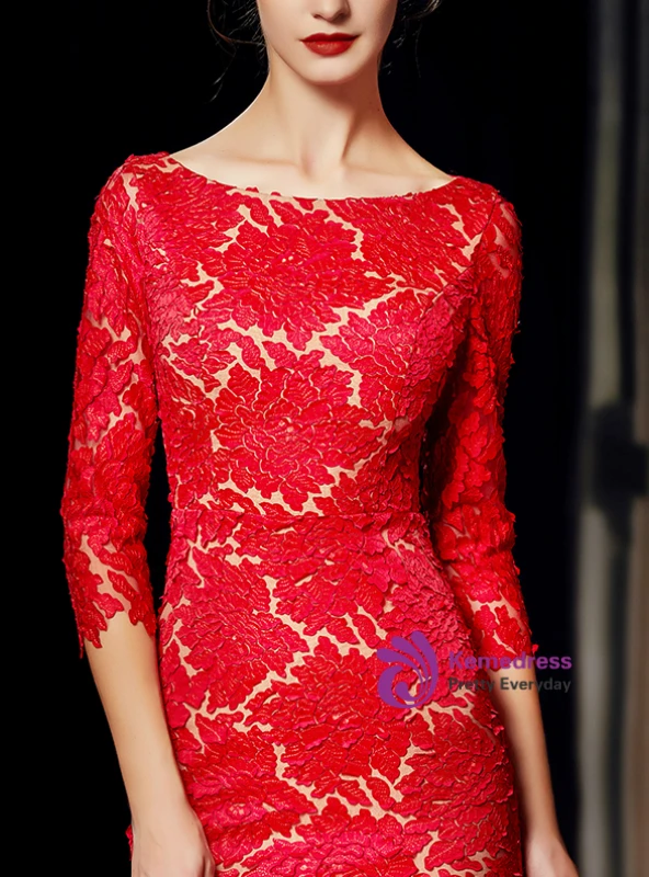 Red mermaid mother of the bride dress with floral lace, bateau neckline and three quarter sleeves