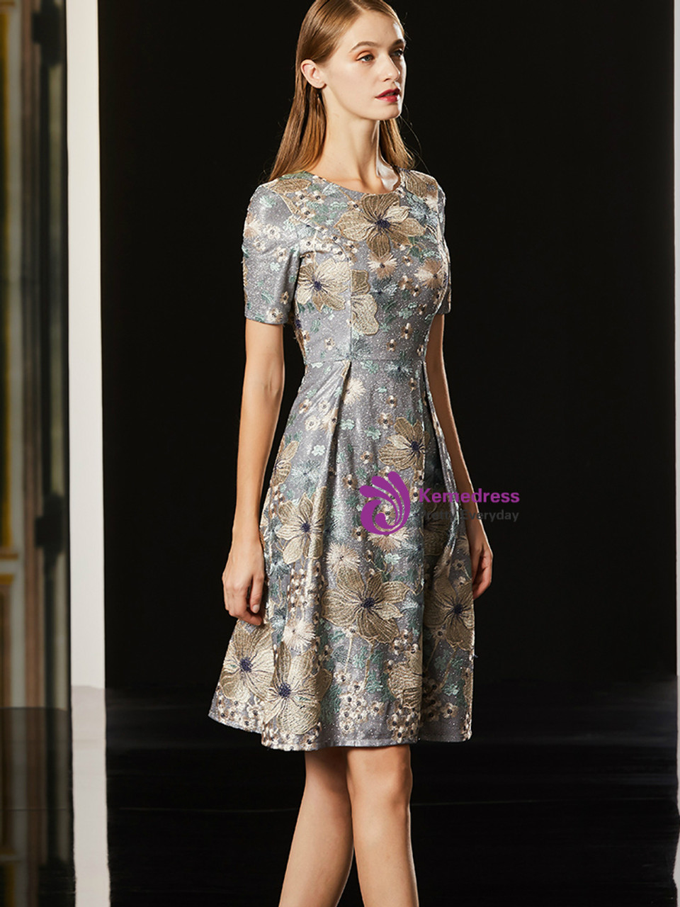 A-Line Gray Short Embroidery Short Sleeve Mother Of The Bride Dress